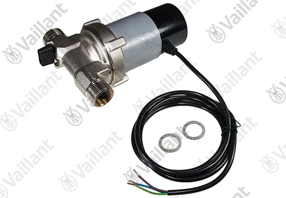 Vaillant Pumpe mit Metallgehäuse, elektrischer Anschluss, zwei Anschlussgewinden und Kabel mit vier Drähten. Gezeigt mit zwei Unterlegscheiben.